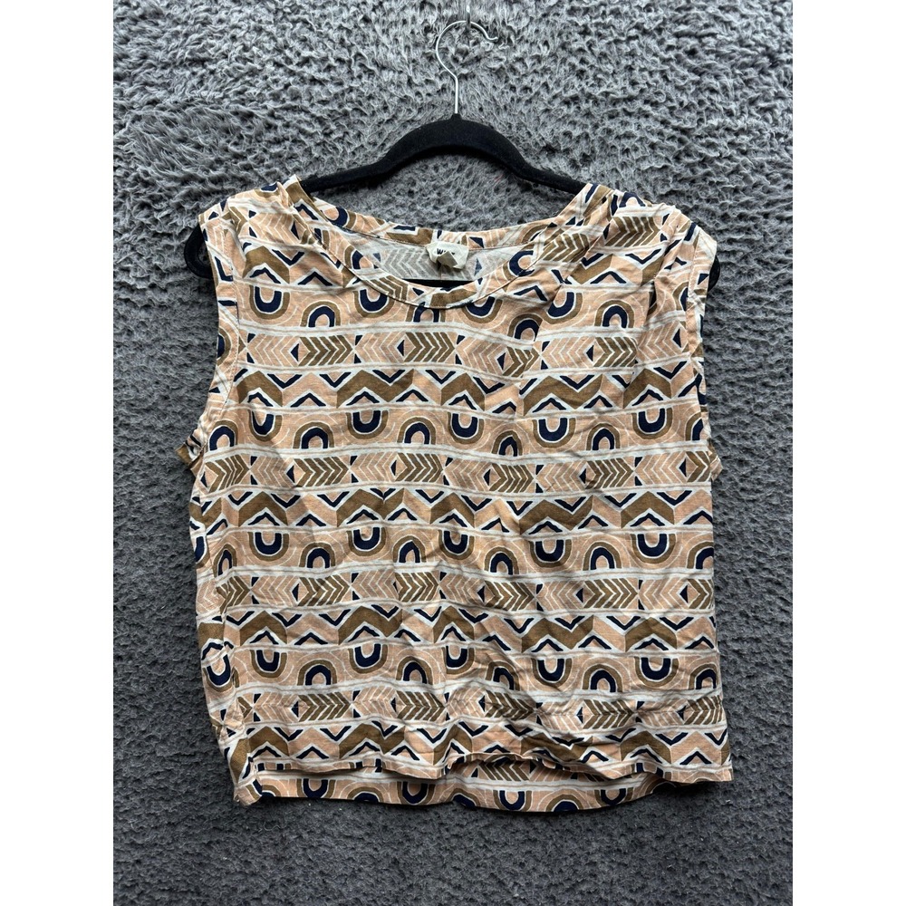 Whit Silk-Linen Blend Geometric Sleeveless Crop Top Beige Womens Size S